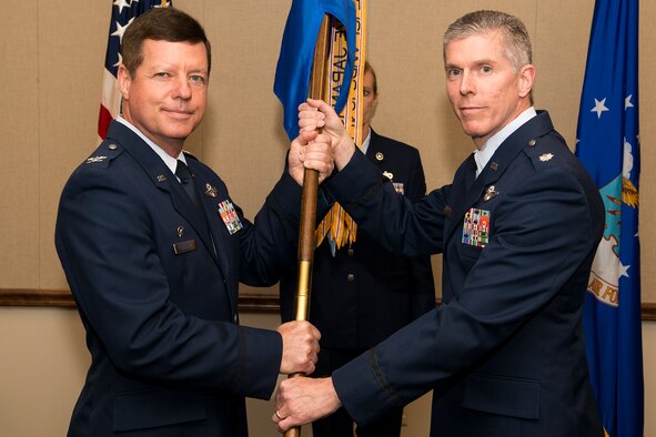 U.S. Air Force Lt. Col. Trey Morriss (right) assumes command of the 93rd Bomb Squadron, April 28, 2013, Barksdale Air Force Base, La. Morriss is the former 307th Operations Group vice commander. (U.S. Air Force photo by Master Sgt. Greg Steele/Released)