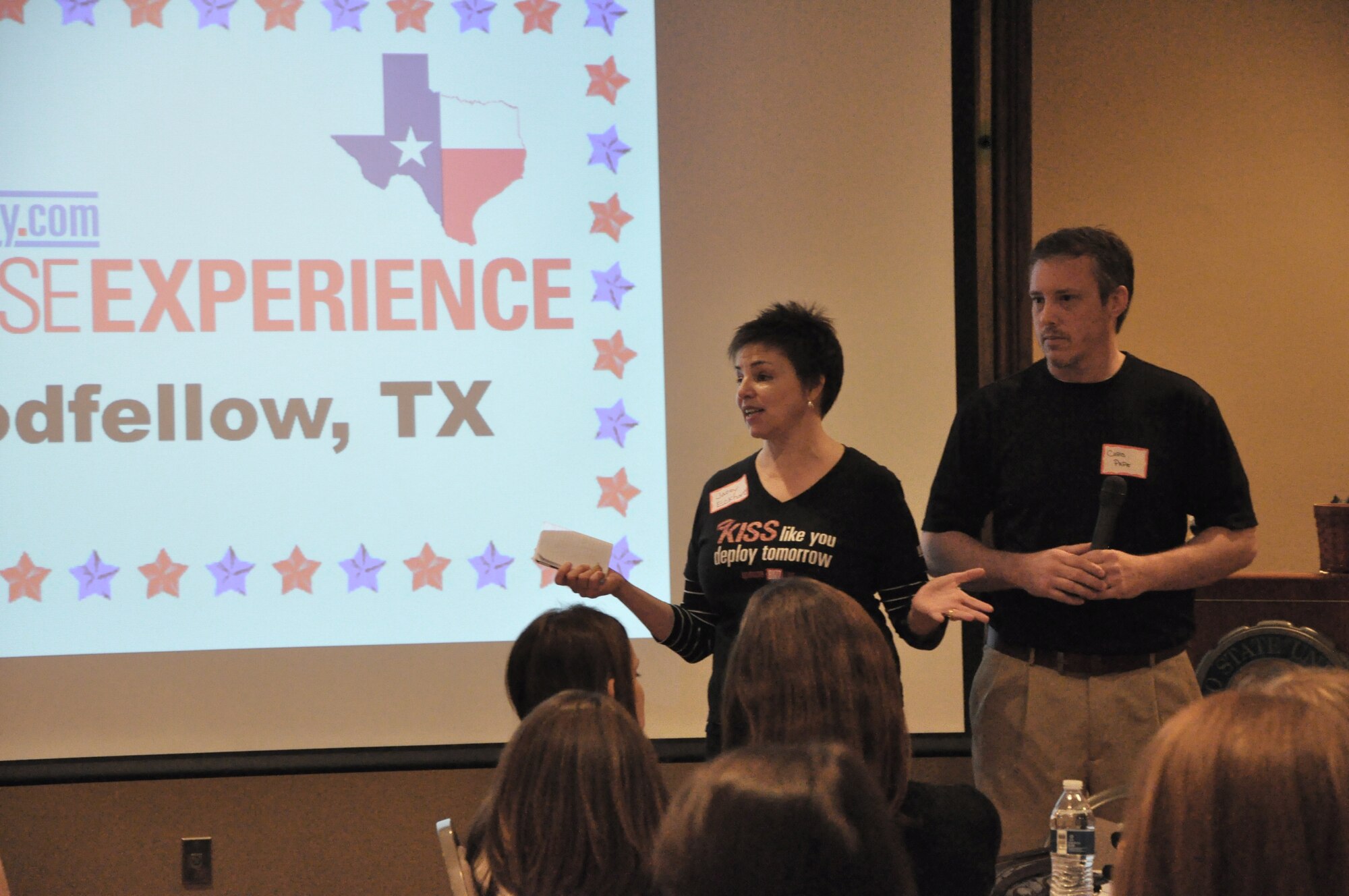 SAN ANGELO, Texas- Jacey Eckhart, SpouseBuzz editor, and Chris Pape, Military.com blogger, talk to military spouses about ways to deal with issues in marriages during the Spouse Experience at the LeGrand Alumni and Visitors’ Center of Angelo State University, April 26. Spouse Experience was an all-day event provided for military spouses to attend so they could meet and learn from other spouses in their situation. (U.S. Air Force photo/ Airman 1st Class Erica Rodriguez)


