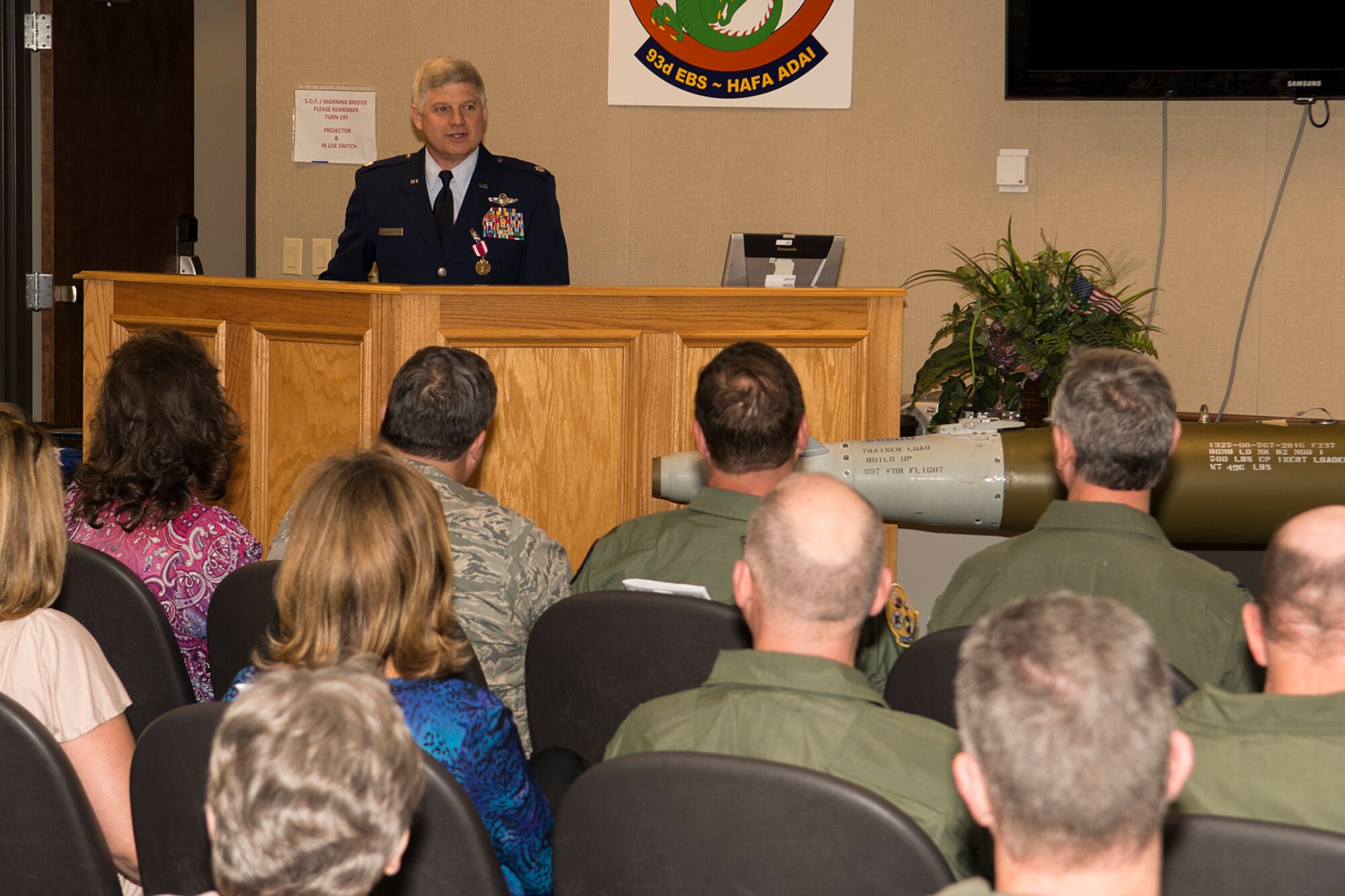 U.S. Air Force Lt. Col. Richard Holt speaks during his retirement ceremony, April 26, 2013, Barksdale Air Force Base, La. Holt is assigned to the 93rd Bomb Squadron and is retiring from the Air Force Reserve after 28 years of service. (U.S. Air Force photo by Master Sgt. Greg Steele/Released)