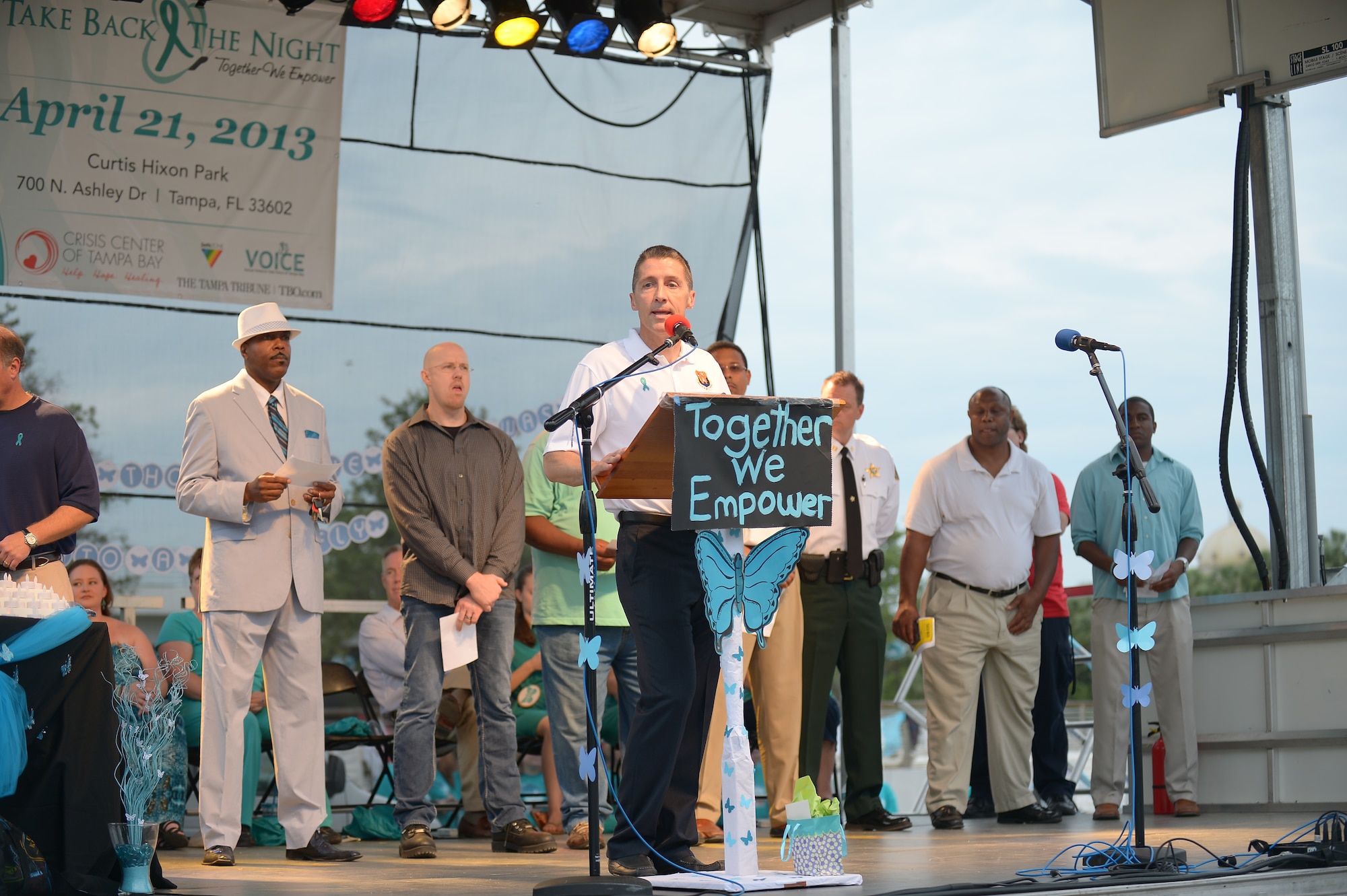 Col. Scott DeThomas, 6th Air Mobility Wing commander, takes a pledge against sexual violence with other male members of the Tampa Bay community April 21, 2013 during the annual Take Back the Night event. Take Back the Night is intended to educate the community with hopes of ending sexual violence. (U.S. Air Force photo by Airman 1st Class Sarah Breer/released)