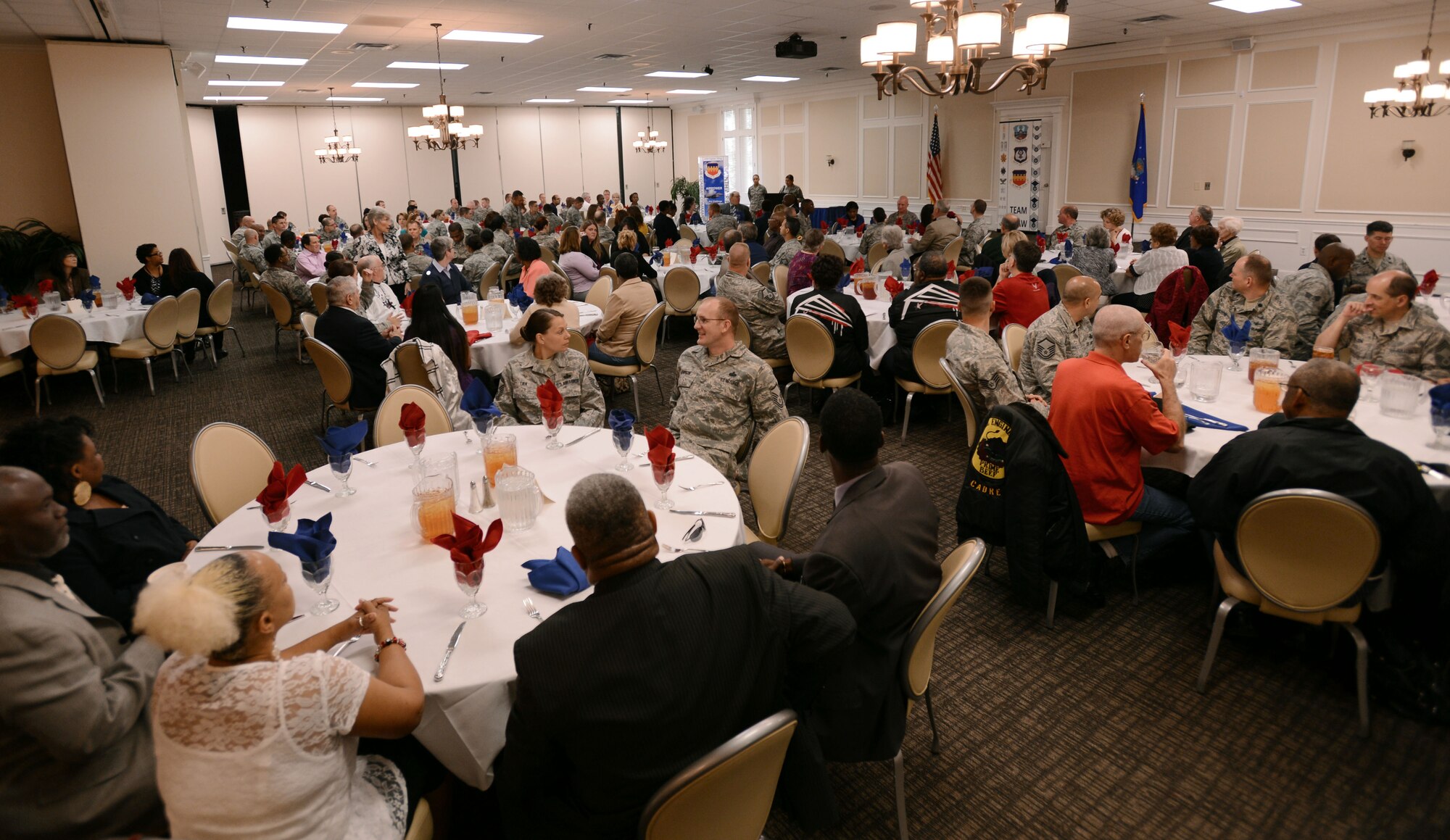 About 150 members of Team Shaw gather at the Carolina Skies Club and Conference Center for a volunteer appreciation breakfast, Shaw Air Force Base, S.C., April 22, 2013. The 20th Fighter Wing hosted the breakfast to recognize volunteers for their selfless acts in volunteering. (U.S. Air Force photo by Senior Airman Tabatha Zarrella/Released)

