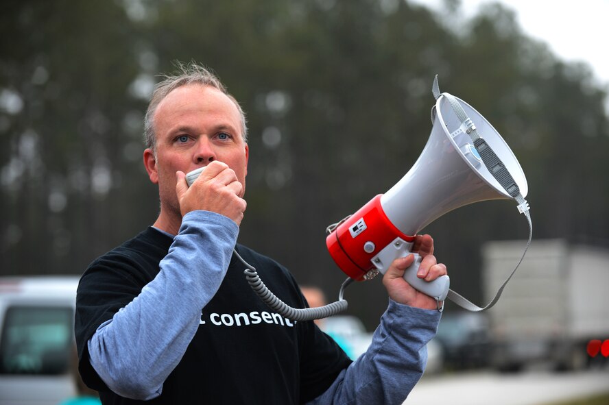 U.S. Air Force Col. Lance Kildron, 20th Fighter Wing vice commander, gives opening remarks at a sexual assault prevention run at the Fitness Center Annex, Shaw Air Force Base, S.C., April 26, 2013. The three-mile run had more than 300 participants and kicked off the 20th Fighter Wing’s Comprehensive Airmen Fitness Day.  (U.S. Air Force photo by Airman 1st Class Nicole Sikorski/Released)