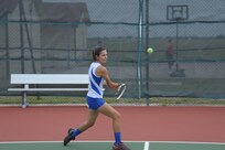 Taylor Heyburn, a freshman at Randolph High School, practices tennis April 25.  Heyburn is the first tennis player Randolph High School has sent to the state competition since 1975. (U.S. Air Force photo by Joel Martinez/Released)