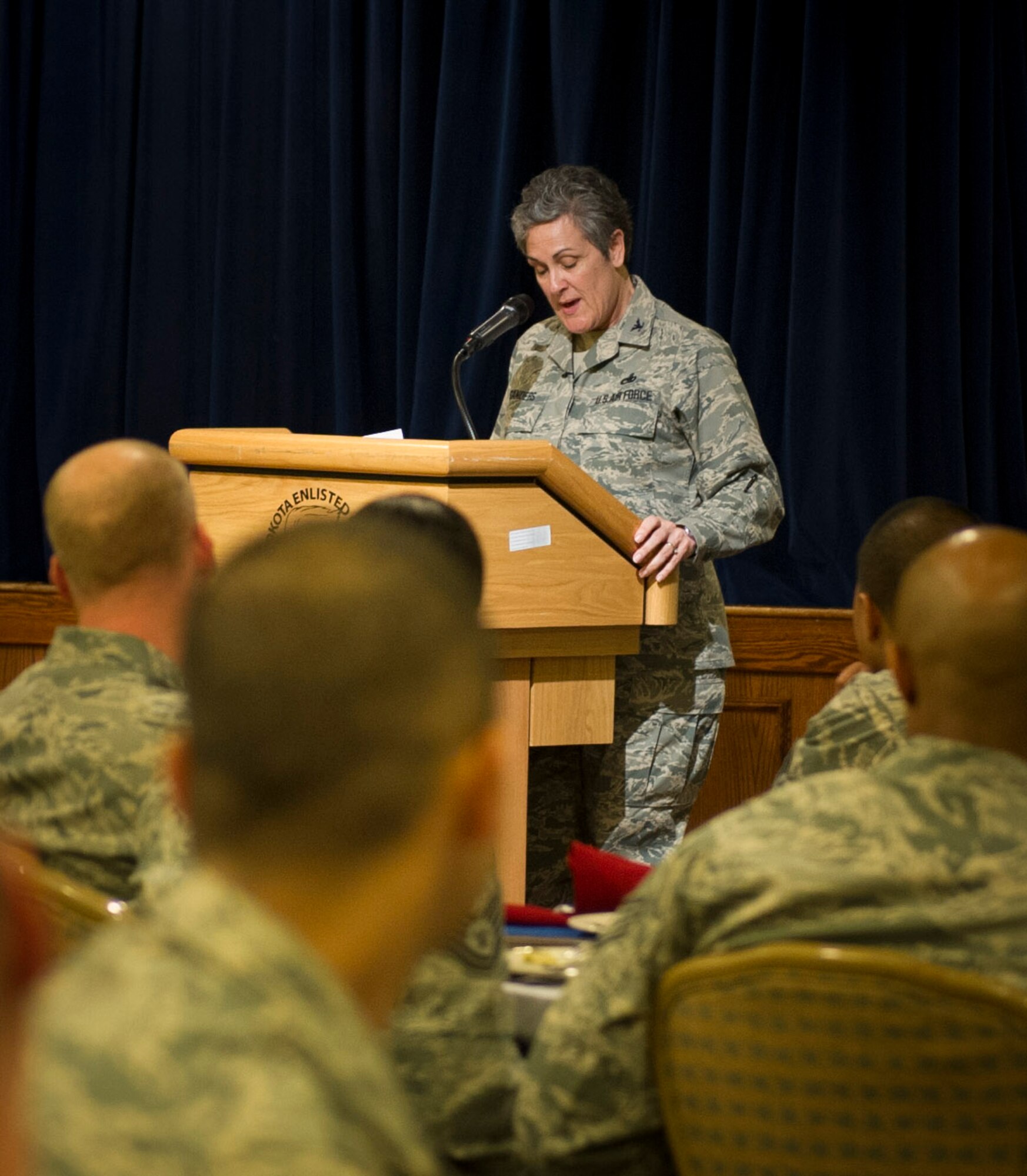 YOKOTA AIR BASE, Japan -- Col. Darlene Sanders, 374th Maintenance Group commander, speaks to attendees at the 2013 Honor Guard Recognition Banquet, April 26, 2013, at Yokota Air Base, Japan. Sanders gave thanks to base honor guard members for providing military funeral honors after her father's passing. This is the first recognition banquet held for Yokota's base honor guard and will continue annually. (U.S. Air Force photo by Senior Airman Andrea Salazar/Released)