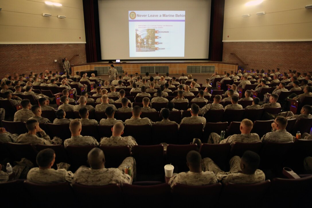 Marines watch a presentation on the Never Leave A Marine Behind Program during a special interest brief July 23 as a part of the Inspector General of the Marine Corps' visit.