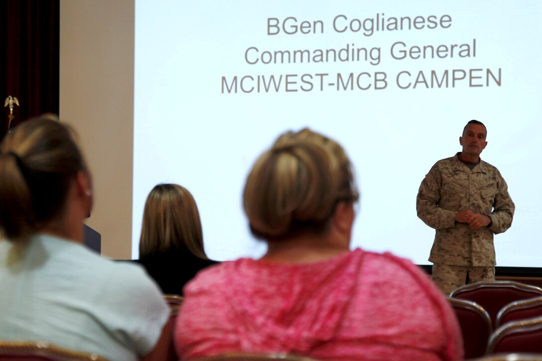 Brig. Gen. Vincent A. Coglianese welcomes Camp Pendleton residents during his opening remarks at the Town Hall Meeting at the Pacific Views Event Center here July 31. The meeting was held to receive feedback and answer questions about the recently implemented energy billing for residents of the Lincoln Military Housing here.
