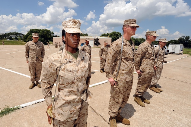 Marine Corps Cpl. Jayomie McGowan, a reservist from the 4th Maintenance Battalion in Rock Island, Ill., stands in formation during training for the Marine Corps Corporals Leadership Course at Offutt Air Force Base, Neb. Marines attend the course upon earning the rank of corporal to learn basic leadership knowledge and skills necessary to carry out their responsibilities as non-commissioned officers and to be successful small unit leaders.