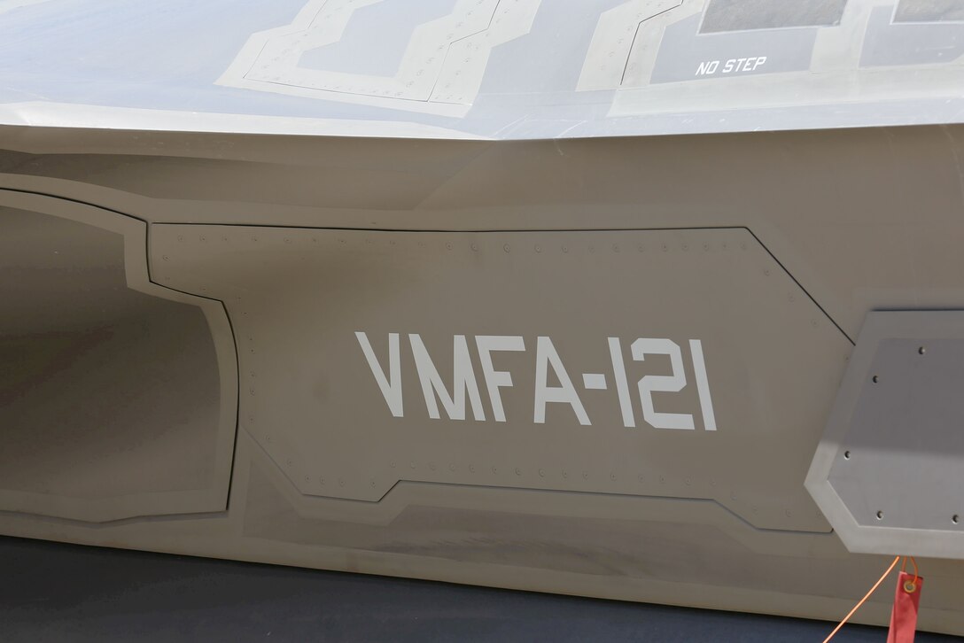 The squadron Marine Fighter Attack Squadron 121 is displayed on the side of an F-35B Lightning II aboard Marine Corps Air Station Miramar, Calif., July 30. The Lightning II is the Marine Corps’ newest aircraft and is capable of short take-off and vertical landing.


