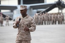 Sgt. Maj. Willie E. Edens, Marine Aviation Logistics Squadron 26 sergeant major, thanks the Marines who went before him and informs his new Marines what he expects of them during the relief and appointment ceremony, July 25. After the ceremony, Sgt. Maj. Herbert Gongora, the former MALS-26 sergeant major, retired after having served 30 years in the Marine Corps.