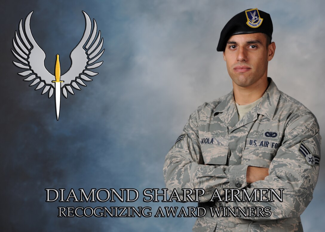 U.S. Air Force Senior Airman Steven Viola, 27th Special Operations Security Forces assistant team leader, poses for a photo July 28, 2013, at Cannon Air Force Base, N.M. Viola was recently recognized as a Diamond Sharp Award winner for the month of August and was highlighted for his hard work and achievements. (U.S. Air Force photo/Senior Airman Ericka Engblom)