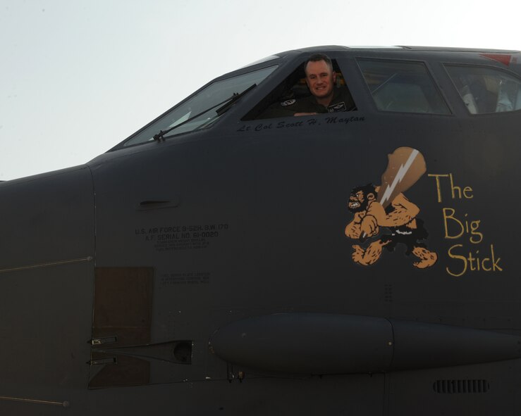 Lt. Col. Scott Maytan, 20th Bomb Squadron commander, looks out of the window of the 20th BS flagship B-52H Stratofortress on Barksdale Air Force Base, La., Aug. 1, 2013. Maytan previously served as the chief of safety, 5th Bomb Wing, Minot AFB, N. D. from Aug. 2012 to June 2013. After every flying unit change-of-command, the previous commander's name is removed from the squadron flagship aircraft and the new commander's name is revealed. (U.S. Air Force photo/Senior Airman Benjamin Gonsier)