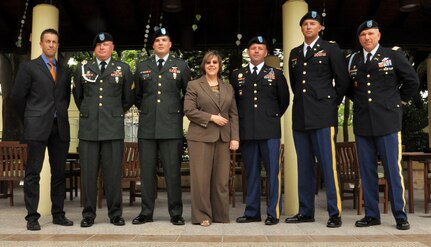 After an award ceremony at the U.S. Embassy in Tegucigalpa in which Air Force Tech. Sgt. Logan Davis, JTF-Bravo Personnel Recovery Coordination Cell Survival, Evasion, Resistance and Escape specialist; Army Sgt. Travis Mayo, 1-228 Aviation Battalion flight medic; the Honorable Lisa Kubiske, U.S. ambassador to Honduras, Chief Warrant Officer-3 Jay Hanshaw, 1-228 Aviation Battalion pilot, Warrant Officer Zachary Lungu, 1-228 Aviation Battalion pilot; and Col. Thomas D. Boccardi, JTF-Bravo commander; pose for a photo. On July 2, Davis, Mayo, Hanshaw, Lungu were involved in saving the lives of two Americans, one Canadian and six Hondurans stranded in the Caribbean Sea for nearly four days.  