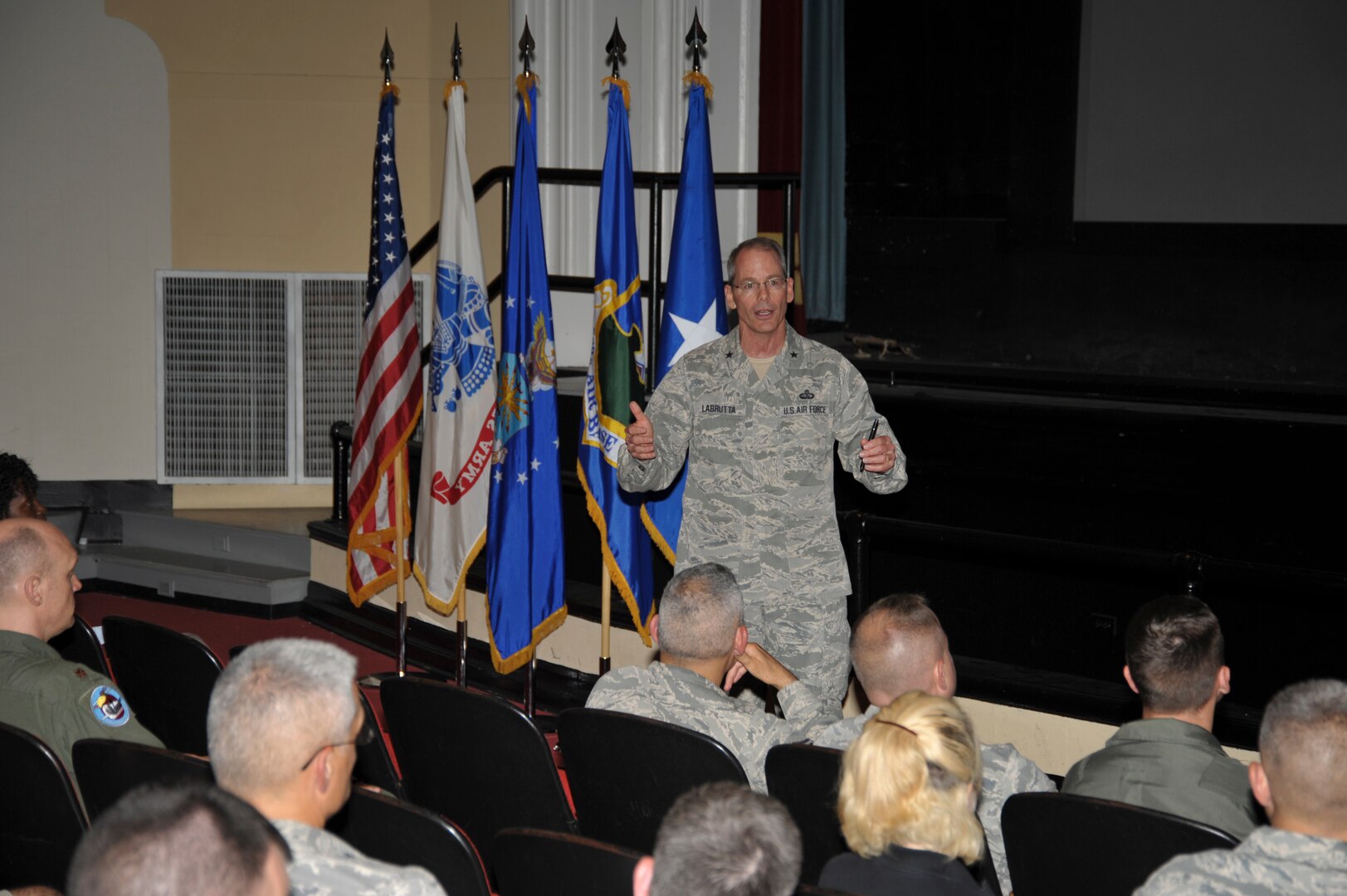 Brig. Gen. Bob LaBrutta, Joint Base San Antonio and 502nd Air Base Wing commander, hosted town hall meetings at JBSA-Lackland, JBSA-Randolph and JBSA-Fort Sam Houston. (U.S. Air Force photo by Airman 1st Class Lincoln Korver)