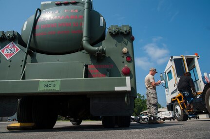 Senior Airman Mark Roth, 628th Logistics Readiness Squadron Petroleum Oil and Lubricants fuels specialist, records receipt information after refueling a vehicle July 25, 2013, at Joint Base Charleston- Weapons Station, S.C. POL fuels supplies JB Charleston vehicles with fuel, including rail operations, cranes on Wharf Alpha to offload ships, port operations on the water, the 628th Security Forces Squadron and the U.S. Coast Guard. The 628th LRS has been providing this service since October 2010. A new service station is under construction at the Weapons Station and is scheduled to open later this year.  (U.S. Air Force photo/Senior Airman Ashlee Galloway)