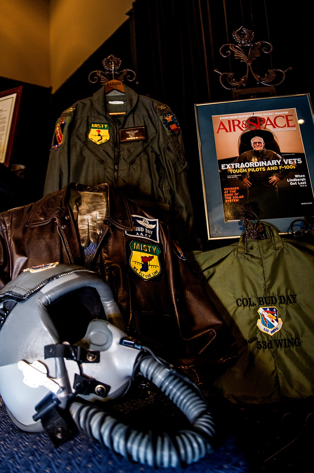 A monument of clothing sat for viewing during a memorial service for retired U.S. Air Force Col. George “Bud” Day at the Emerald Coast Convention Center on Okaloosa Island, Fla., Aug. 1. Day, a Medal of Honor recipient and combat pilot with service in World War II, Korea and Vietnam, passed away July 28 at the age of 88. (U.S. Air Force Photo / Airman 1st Class Christopher Callaway)