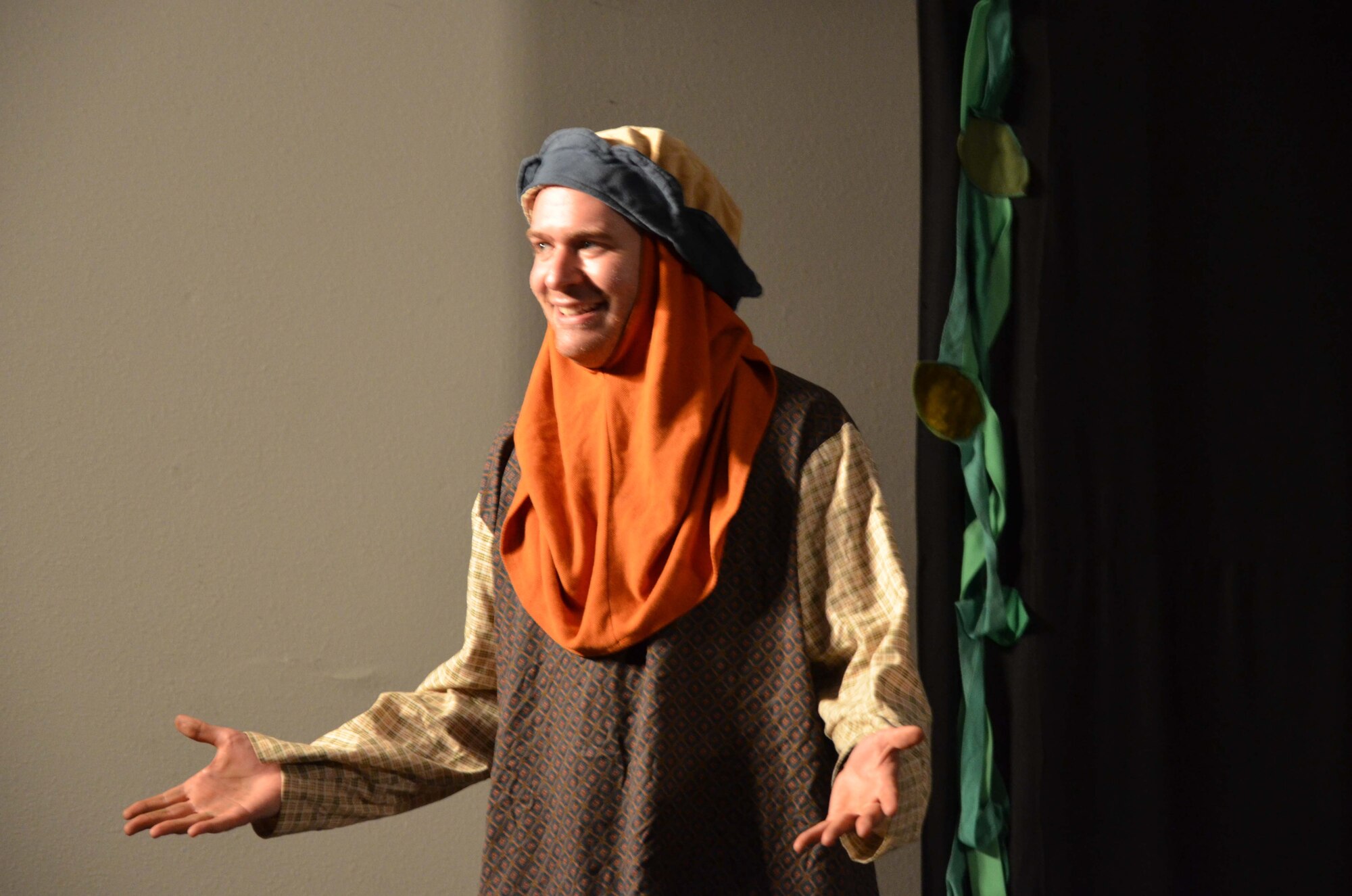 Jake Stempel, a tour actor/director with the Missoula Children's Theater, performs as 'Witless,' a character in an adaptation of "Snow White and the Seven Dwarfs."  Stempel and his traveling partner, Kelly Combs, came to Patrick AFB, Fla., in July for a week to introduce children to the wonders of acting.  The duo auditioned more than 100 school-age children from the Patrick community and spent the week assisting the children with their lines, songs, make-up and costumes, and culminated in a Friday evening performance for family and friends.  (U.S. Air Force photo by Susan A. Romano)