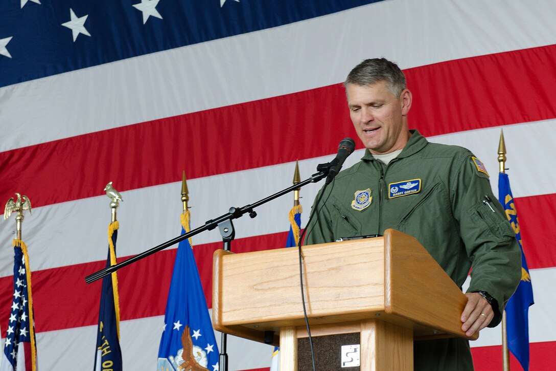 Col. Barry Gorter thanks the Airmen under his command as he steps down as commander of the 123rd Operations Group to become vice commander of the 123rd Airlift Wing during a ceremony held at the Kentucky Air National Guard Base in Louisville, Ky., on June 22, 2013. Gorter is a veteran of numerous combat operations, including Operations Restore Hope, Provide Promise, Iraqi Freedom and Enduring Freedom. (U.S. Air National Guard photo by Airman Joshua Horton)