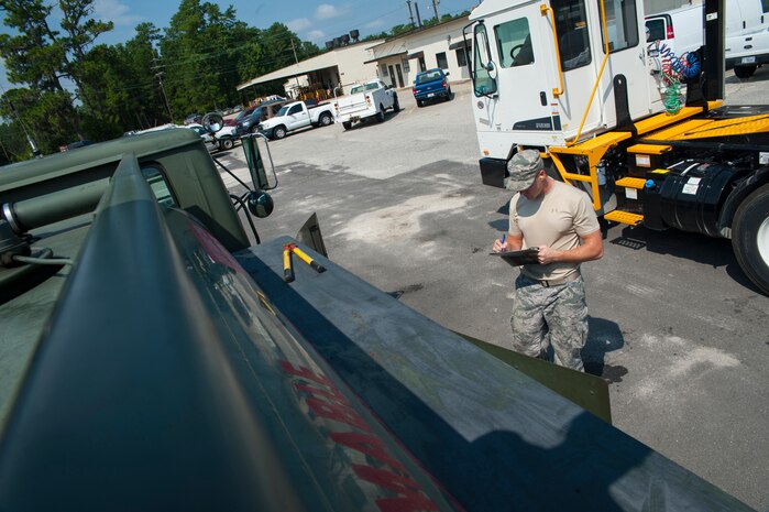Senior Airman Mark Roth, 628th Logistics Readiness Squadron Petroleum Oil and Lubricants fuels specialist, records receipt information after refueling a vehicle July 25, 2013, at Joint Base Charleston- Weapons Station, S.C. Every Tuesday and Thursday, Airmen from the 628th LRS POL fuels from JB Charleston - Air Base, drive C-300 fuel trucks to the Weapons Station to service vehicles with motor oil gas or DS-2 diesel fuel. The 628th LRS has been providing this service since October 2010. A new service station is under construction at the Weapons Station and is scheduled to open later this year.  (U.S. Air Force photo/Senior Airman Ashlee Galloway)