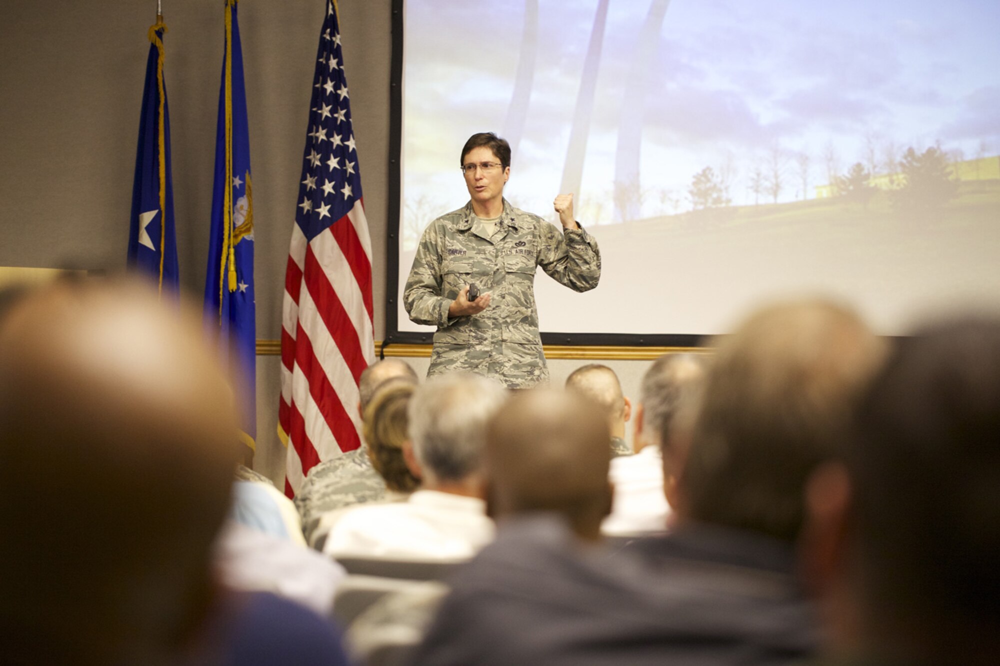 TYNDALL AIR FORCE BASE, Fla. -- Brig. Gen. Theresa Carter, the Air Force Civil Engineer, speaks to members of Det. 1, Air Force Civil Engineer Center at Tyndall Air Force Base, Fla.,  July 31. Her trip to AFCEC marked the first since she was named the Civil Engineer in June. (U.S. Air Force photo/Eddie Green)