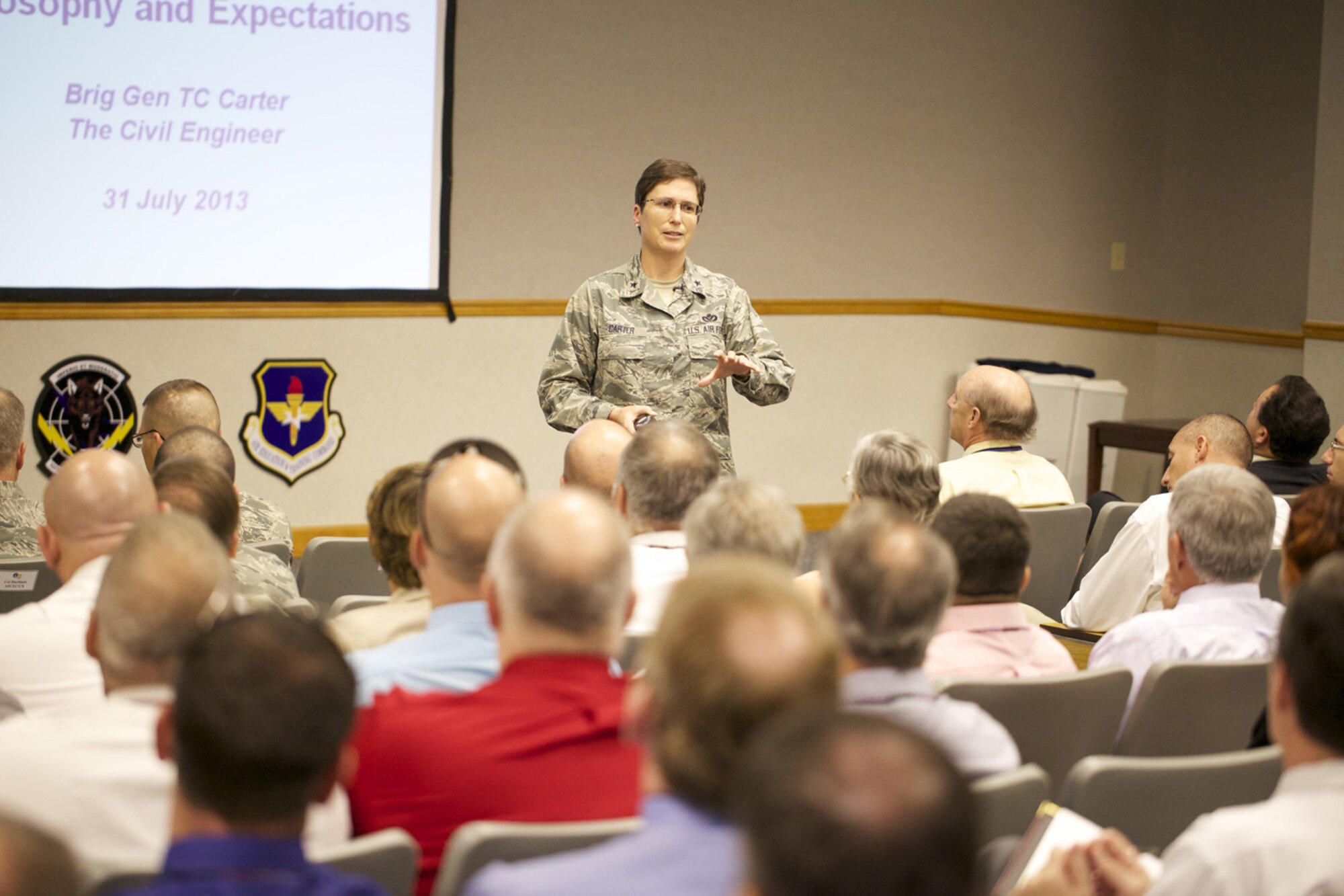 TYNDALL AIR FORCE BASE, Fla. -- Brig. Gen. Theresa Carter, the Air Force Civil Engineer, speaks to members of Det. 1, Air Force Civil Engineer Center at Tyndall Air Force Base, Fla.,  July 31. Her trip to AFCEC marked the first since she was named the Civil Engineer in June. (U.S. Air Force photo/Eddie Green)