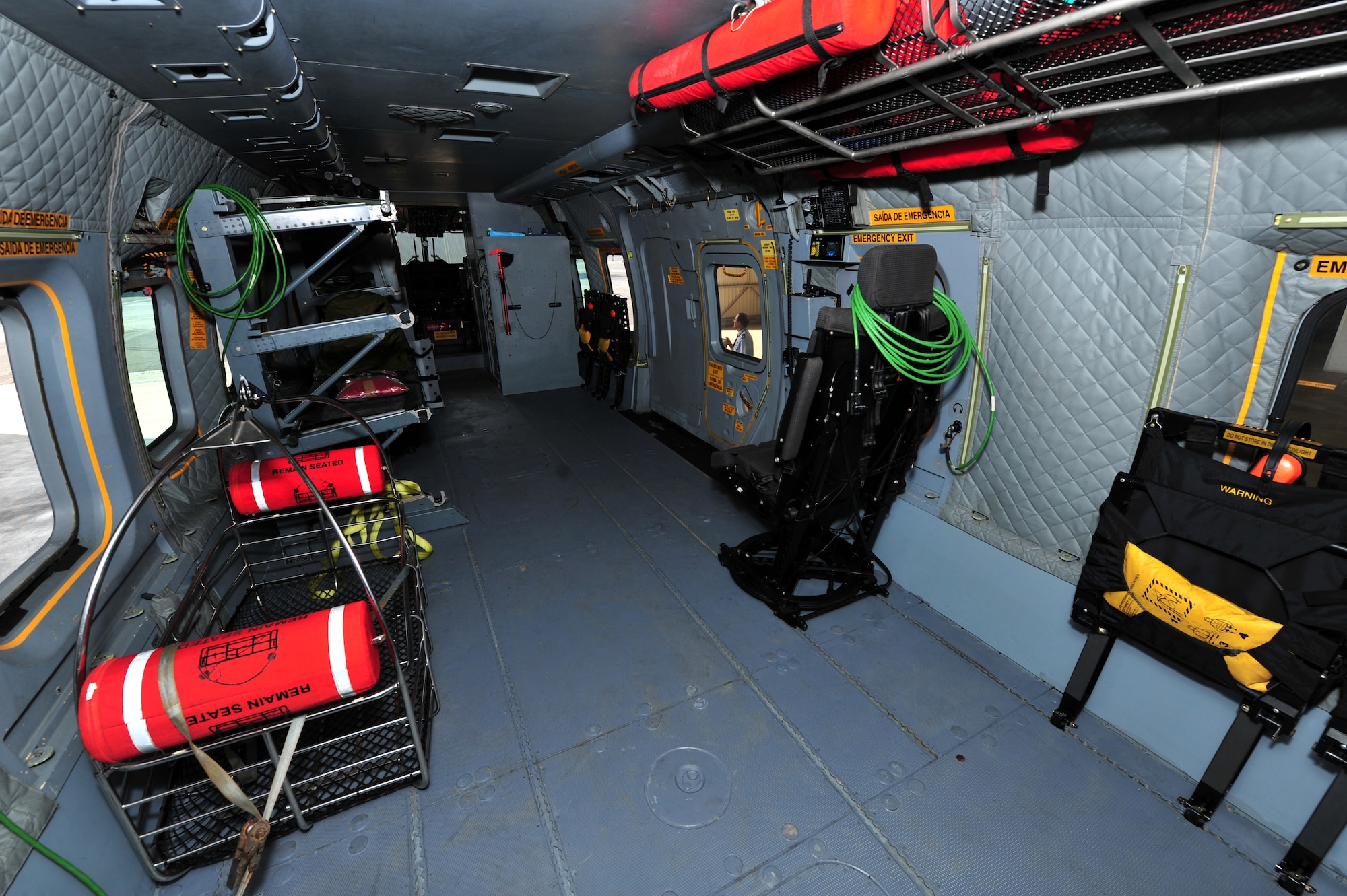 The inside of an EH-101 Merlin helicopter, ready for emergency and medical responses, at Portuguese Air Base 4, commonly known as Lajes Field.  The Portuguese Air Force search and rescue arsenal consists of two EH-101 Merlin helicopters which remain on 24-hour alert at the base.  SAR crews in the Merlin typically consist of a pilot, co-pilot, systems operator, rescue swimmer and nurse.  (U.S. Air Force photo by Tech. Sgt. Chenzira Mallory/released)