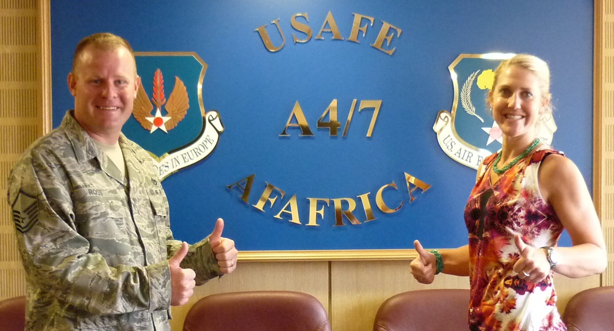 RAMSTEIN AIR BASE, Germany -- MSgt Wesley Ross, U.S. Air Force in Europe HVAC Program Manager and USAFE Energy Manager Kelly Jaramillo are proud of the "Operation COOL MONEY" program they have implemented across the command. It's one of many energy- and water-saving initiatives that earned Jaramillo a 2013 Federal Energy Management Program Award. (U.S. Air Force photo)
