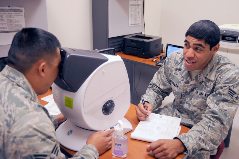 130725-Z-HC784-027 – Senior Airman Aalona Chandler, a member of the 127th Medical Group, records the results of an Airman’s vision test at Selfridge Air National Guard Base, July 25, 2013. The 127th Medical Group is charged with maintaining the medical readiness of nearly 1,700 Citizen-Airmen in the Michigan Air National Guard. (U.S. Air National Guard photo by John S. Swanson/Released)