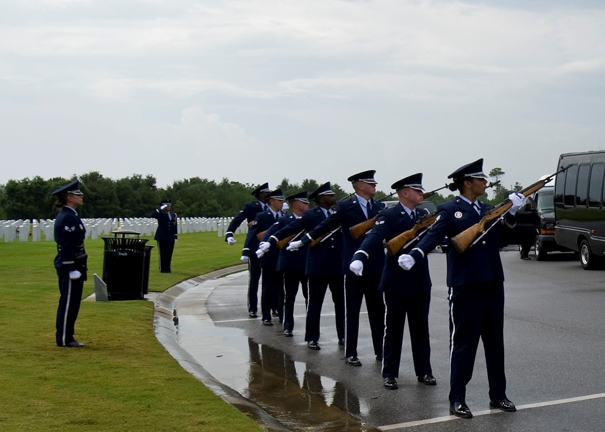 The Hurlburt Field Honor Guard firing team performs a 21-gun salute at the funeral service for retired U.S. Air Force Col. George “Bud” Day at Barrancas National Cemetery on Naval Air Station Pensacola, Fla., Aug. 1, 2013. Day, a Medal of Honor recipient and combat pilot with service in World War II, Korea and Vietnam, passed away July 27 at the age of 88. (U.S. Air Force Photo/Staff Sgt. John Bainter) 