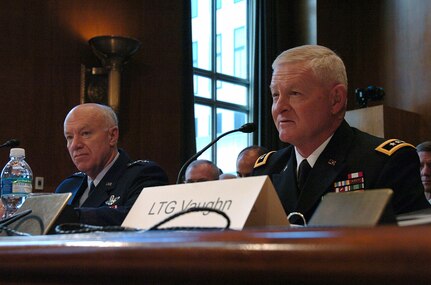 Lt. Gen. Harry M. Wyatt, director of the Air National Guard, (left) and Clyde A. Vaughn, director of the Army Guard, testify before the U.S. Senate's Subcommittee on Appropriations-Defense in Washington March 25.