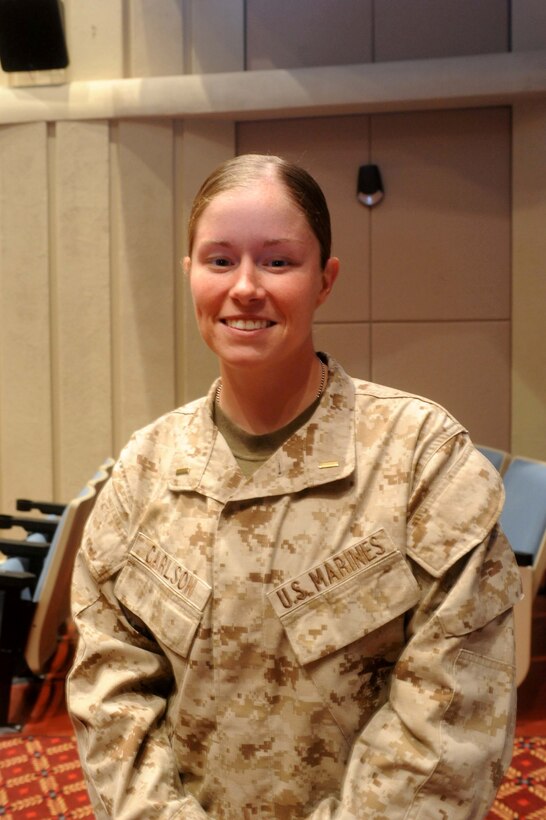 2nd Lt. Rebecca Carlson, who graduated with the Gung-Ho Award from The Basic School, poses for a photo aboard Marine Corps Base Quantico on July 23, 2013. She will be serving at Marine Corps Base Camp Lejeune as an adjutant.