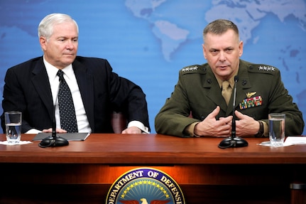 Defense Secretary Robert M. Gates and Marine Gen. James Cartwright, vice chairman of the Joint Chiefs of Staff, speak to members of the press about the fiscal year 2010 budget at the Pentagon, April 6, 2009.