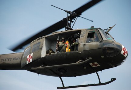 Members of the Louisiana National Guards State Aviation Command rescue evacuees during a simulated disaster response exercise at the Lakefront Airport in New Orleans April 4. The purpose of this exercise is to test the current Louisiana Guard response plan, identify deficiencies and evaluate their ability to respond to multiple missions simultaneously prior to the 2009 hurricane season.