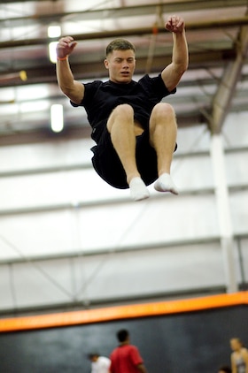 Cpl. David Cox, a communications technician at Marine Corps Air Station Kaneohe Bay, gets some jumping time in at iTrampoline Hawaii in Kapolei, July 24, 2013. (U.S. Marine Corps photo by Jay Parco)