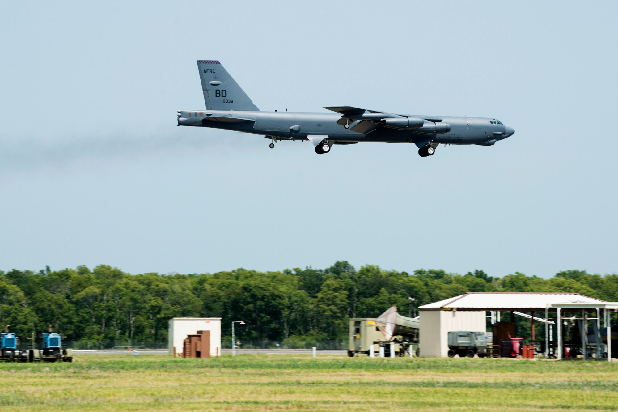 A 93rd Bomb Squadron (BS) B-52H Stratofortress piloted by U.S. Air Force Col. Dave Leedom, makes a pass over Barksdale Air Force Base, La., prior to landing, July 31, 2013. This is the last flight for Leedom, who is a B-52 pilot and the former commander of the 93rd BS. (U.S. Air Force photo by Master Sgt. Greg Steele/Released)