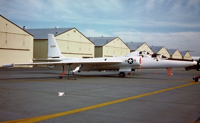 A U-2 Dragon lady is parked in front of SR-71 Blackbird hangers at Beale Air Force Base, Calif., in an undated photo. (Courtesy photo)  
