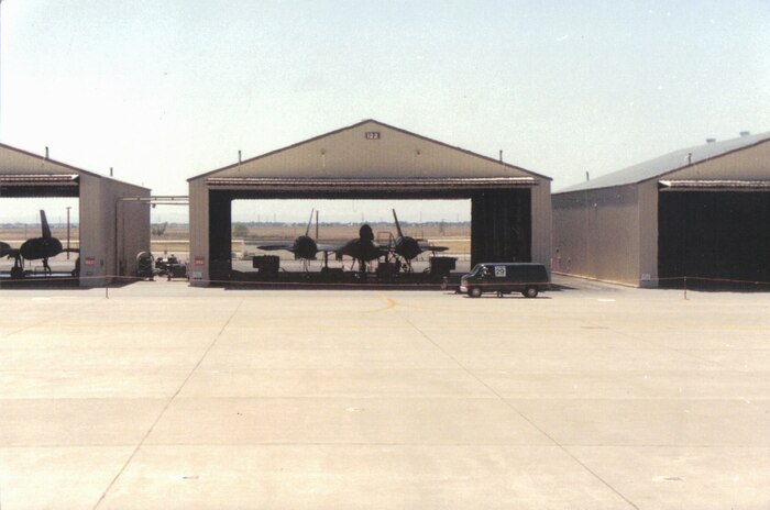 A SR-71 Blackbird is parked in a maintenance hangar at Beale Air Force Base, Calif, circa 1980s. As of Aug 1, 2013 only two hangars remain. (Courtesy photo)  