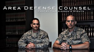 From left, U.S. Air Force Staff Sgt. Carlo Milillo, MHAFB Area efense Council defense paralegal, and Capt. Joshua Wendell, MHAFB Area Defense Council, pose for a photo June 26, 2013, at Mountain Home Air Force Base, Idaho. The base ADC is responsible for representing the interests of Airmen faced with adverse administrative action against themselves or their careers. (U.S. Air Force graphic by Tech. Sgt. Samuel Morse and Senior Airman Benjamin Sutton/Released)