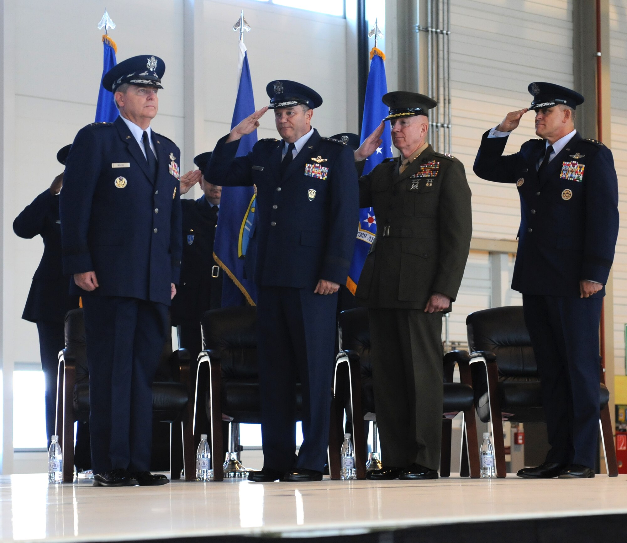 From left, Gen. Philip M. Breedlove, commander of U.S. European Command and Supreme Allied Commander Europe; Marine Lt. Gen. Steven A. Hummer, U.S. Africa Command deputy to the commander for military operations; Gen. Frank Gorenc, U.S. Air Forces in Europe and Air Forces Africa commander and Allied Air Command Director salute Air Force Chief of Staff Gen. Mark A. Welsh III, during an assumption of command ceremony at Ramstein Air Base, Germany, Aug. 2, 2013. The command provides full-spectrum Air Force warfighting capabilities throughout an area of responsibility that spans three continents and encompasses 104 countries. (U.S. Air Force photo/Airman 1st Class Holly Mansfield)