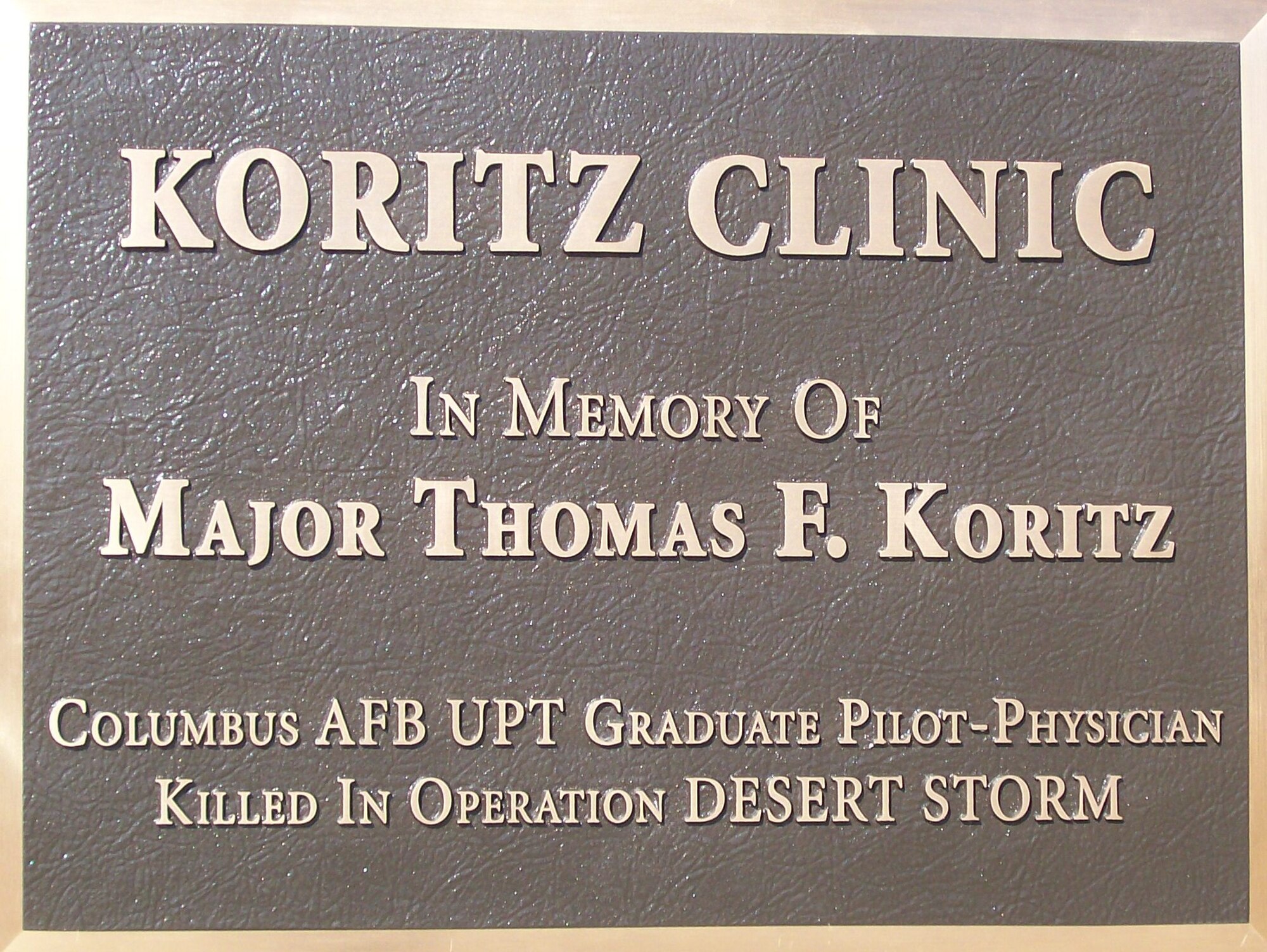 Maj. Tom Koritz was one of 42 pilots in Undergraduate Pilot Training class 82-01 that earned their silver wings in October 1982 at Columbus AFB, Miss. and the first pilot physician that went through pilot training as a doctor first.  In 2008 the Koritz Clinic was named in honor of Maj. Tom Koritz after he was shot down during the second night of combat in operation Desert Storm in 1991.