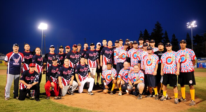 The Beale All-Star softball team and the Marysville Gold Sox pose for a photo after their contest at Appeal Democrat Park in Marysville Calif., on July 31, 2013. Team Beale won 8-4.  (U.S. Air Force photo by Airman 1st Class Bobby Cummings/Released)
