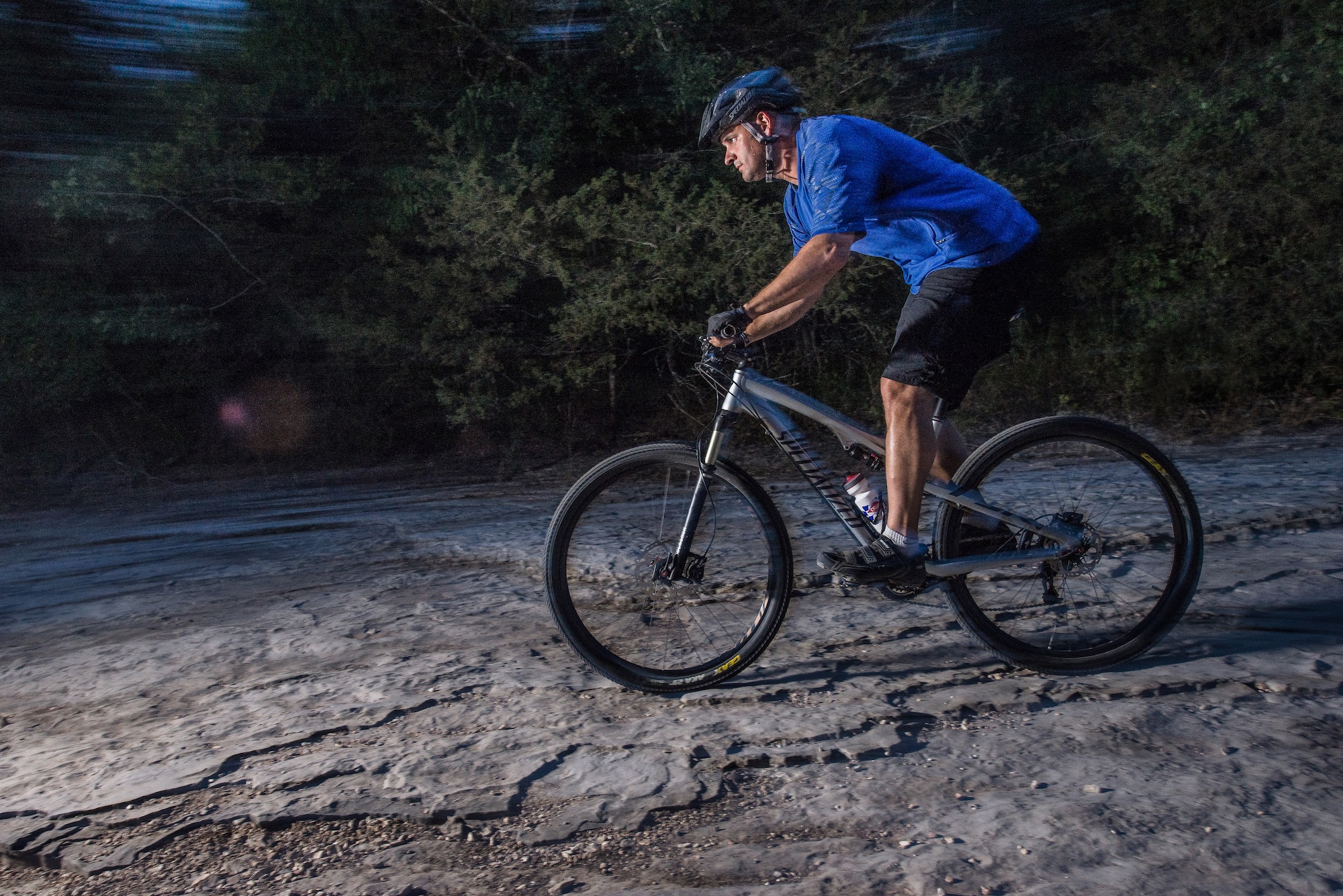 Senior Master Sgt. Bubba Beason, 19th Equipment Maintenance Squadron fabrication flight chief, practices for a cross-country mountain bike competition July 13, 2013, in Eureka Springs, Ark. Beason finished the 16 mile race race in 1 hour and 55 minutes, which was good for third place in his division. (U.S. Air Force photo by Staff Sgt. Russ Scalf)
