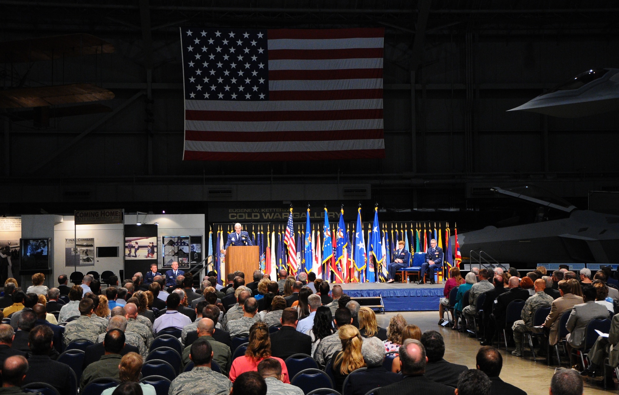 During a ceremony at the National Museum of the U.S. Air Force, Maj. Gen. Thomas Masiello, the new commander of the Air Force Research Laboratory, tells attendees they “Will deliver a rich legacy of technologies for our future force.” (U.S. Air Force photo by Niki Jahns)