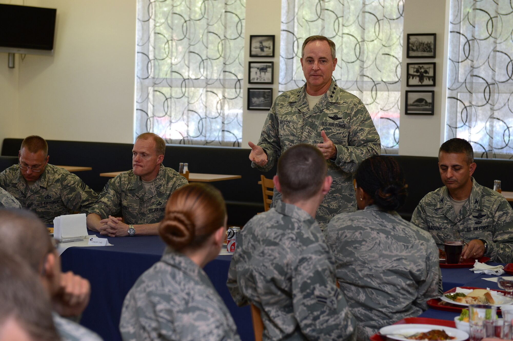 SPANGDAHLEM AIR BASE, Germany – Air Force Chief of Staff Gen. Mark A. Welsh III speaks with Airmen at the Mosel Dining Hall Aug. 1, 2013. Welsh and Chief Master Sgt. of the Air Force James Cody answered questions from Spangdahlem Airmen about how the Air Force is evolving in today’s world. (U.S. Air Force photo by Staff Sgt. Christopher Ruano/Released)