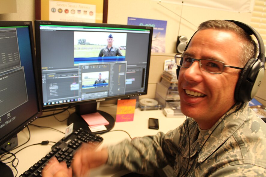 Tech. Sgt. Christopher Parr works on an Air Force Reserve story, spending multiple hours behind the scenes getting interviews and video before even starting the lengthy editing process, in addition to attending the Human Resource Development Council events, shooting photography and writing stories.  He is a public affairs specialist for the 932nd Airlift Wing.  (U.S. Air Force photo/Maj. Stan Paregien)