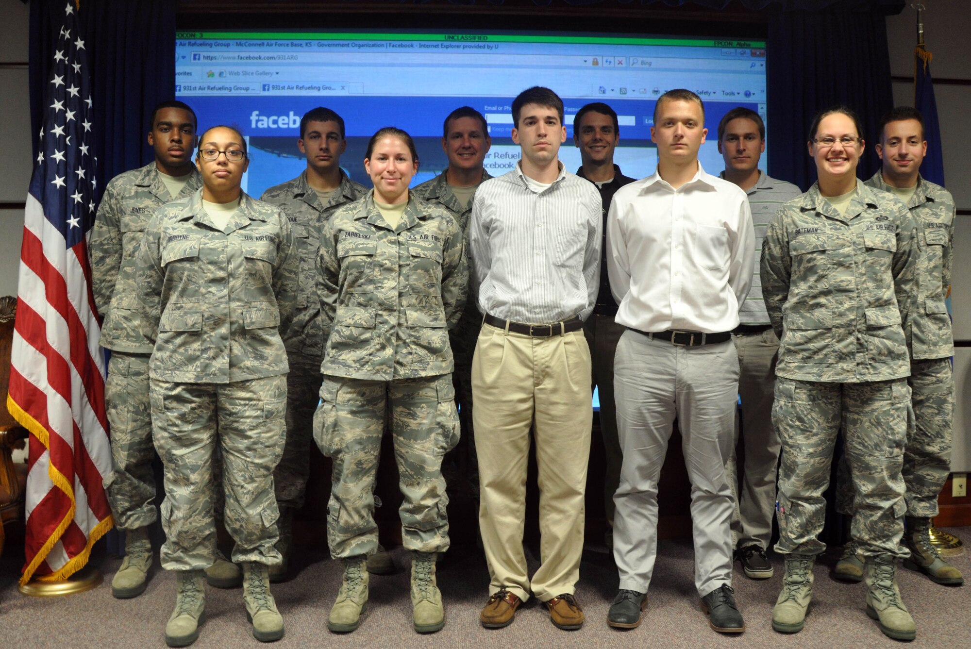 The 931st Air Refueling Group welcomed the following newcomers during the August unit training assembly, Aug. 3, 2013. First row, left to right: Airman Basic Monique Ordoyne, Senior Airman Cortney Zabielski, Staff Sgt. Andrew Hill, Staff Sgt. Alec Maloy, Tech. Sgt. Sara Bateman-Lightfoot, Airman 1st Class Andrew Lewis, Staff Sgt. Erik Lake, Staff Sgt. Nathan Rankin, Tech. Sgt. Oliver Fisher, Senior Airman David Laroue and Airman Basic Frank Jones.  (U.S. Air Force photo by Staff Sgt. Abigail Klein)
