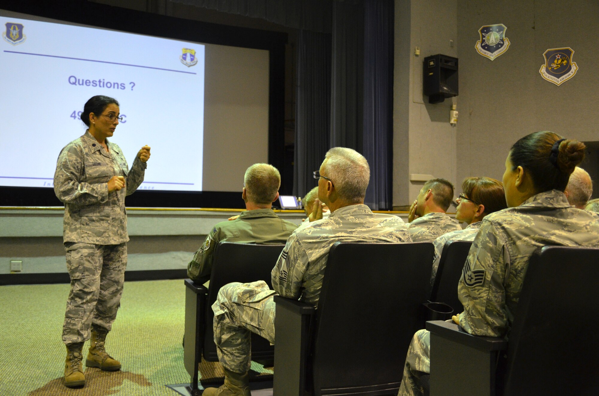 Lt. Col. Michele Leone, mental health nurse, 920th Aeromedical Staging Squadron, answers questions after giving a presentation on sexual assault prevention and response to the 920th Rescue Wing Airmen during their unit training assembly Aug. 4. Leone discussed the differences between sexual harassment and sexual assault, as well as outlets in which the Rescue Airmen can report any misconduct. The purpose of the briefing was to educate and discuss the issue of sexual harassment and sexual assault in the Department of Defense in conjunction with completing an annual training requirement. (U.S. Air Force photo/Senior Airman Natasha Dowridge)