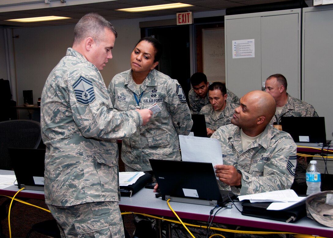 Inspectors at the Niagara Falls Air Reserve Station review checklist items during the 914th Airlift Wing Unit Compliance Inspection August 4, 2013. The Air Force is moving towards a new inspection process titled “Unit Effectiveness Inspection” in that the Wing Commanders will be the person responsible for assessing whether their Wing is capable of executing their mission. (U.S. Air Force photo by Tech. Sgt. Joseph McKee)
