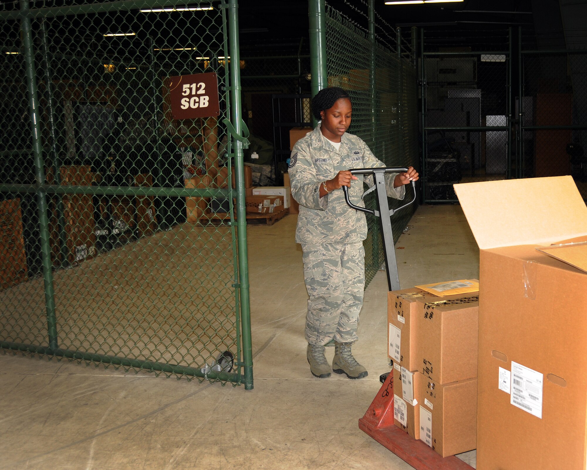 Tech. Sgt. Latoya Greene, 512th Communications Squadron, stores information technology equipment in the equipment custodian officer’s cage, Aug. 3, 2013, Dover Air Force Base, Del. Greene is the Liberty Wing’s primary ECO handling more than $1.6 million in IT equipment this year. (U.S. Air Force photo/Senior Airman Erika Brooke)