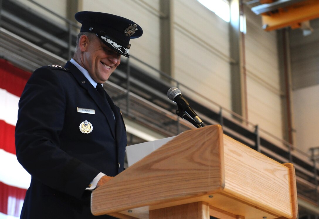 Gen. Frank Gorenc, commander, U.S. Air Forces in Europe and U.S. Air Forces Africa, speaks during an assumption of command ceremony Aug. 2, 2013, at Ramstein Air Base, Germany. The command provides full-spectrum Air Force warfighting capabilities throughout an area of responsibility that spans three continents and encompasses 104 countries. (U.S. Air Force photo/Airman 1st Class Holly Mansfield)