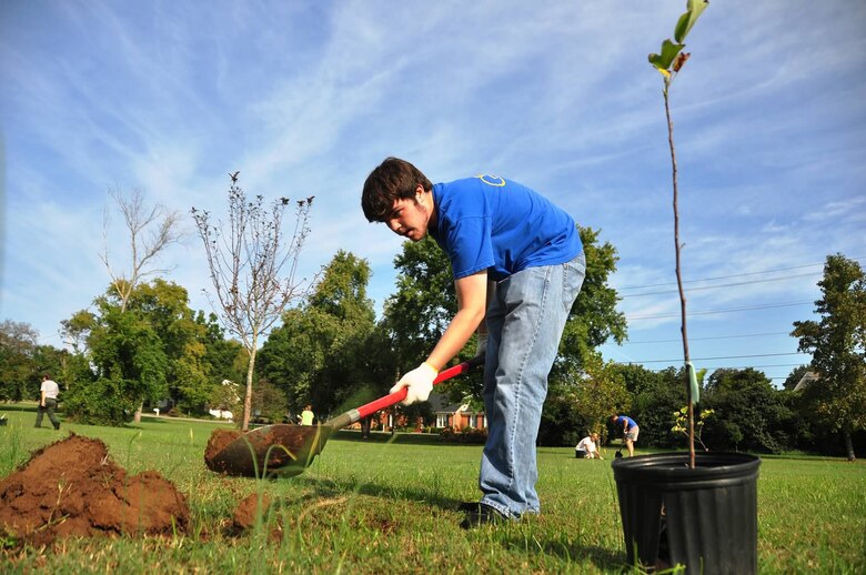 A Volunteer plants trees at an Old Hickory Recreation area cleanup project. Volunteer projects for the upcoming cleanup include restriping Rockland and Station Camp Recreation Area parking areas, restoring and maintaining the Rockland Nature Trail, and trail maintenance and clean up at Shutes Branch Mountain Bike Trail.  